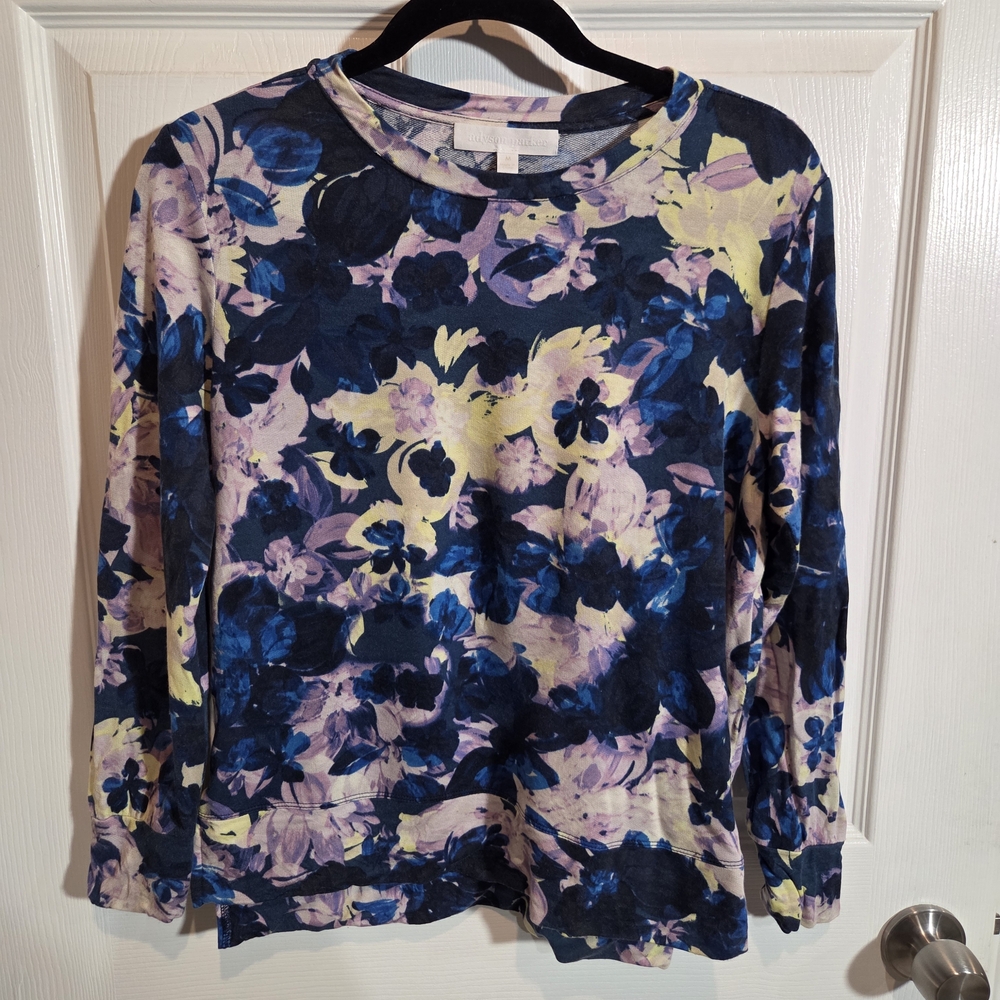 Adyson Parker Legion Blue Watercolor Floral Long Sleeve Stretch Blouse Top M